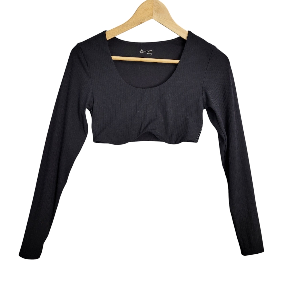 Off Line Aerie Crop Top Womens Small Black Real Me Stretch Bra Top Long Sleeve
